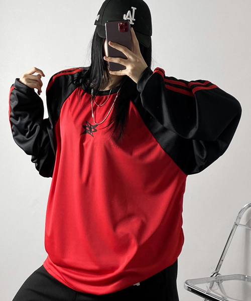 Unique1512 나그랑배색 오버핏 져지긴팔티~