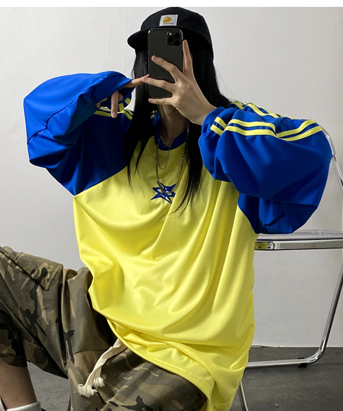 Unique1512 나그랑배색 오버핏 져지긴팔티~