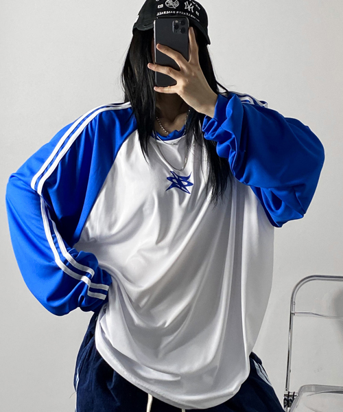 Unique1512 나그랑배색 오버핏 져지긴팔티~