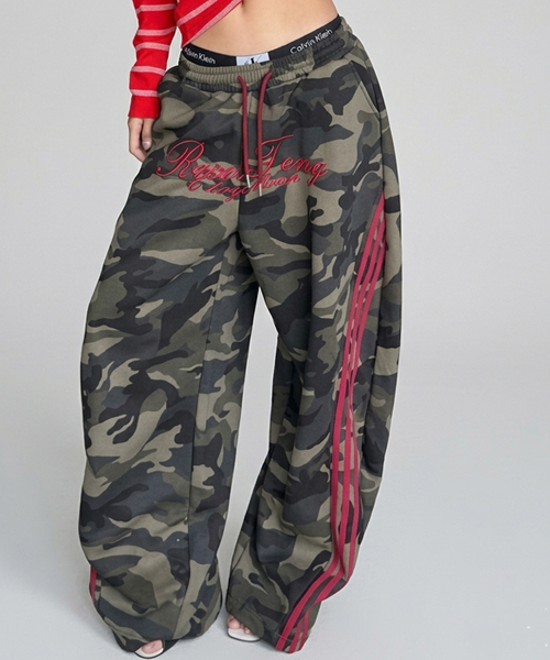 Unique1558 카모 와이드 라인 스트링팬츠~