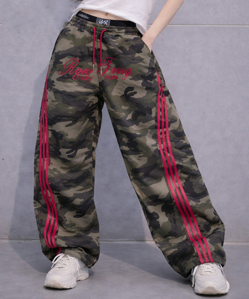 Unique1558 카모 와이드 라인 스트링팬츠~